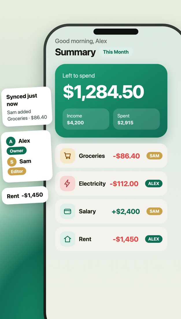An iPhone showing the Spendy summary screen: the amount left to spend this month above income and spent totals, then expense rows for groceries, electricity, salary and rent, each tagged with the person who paid