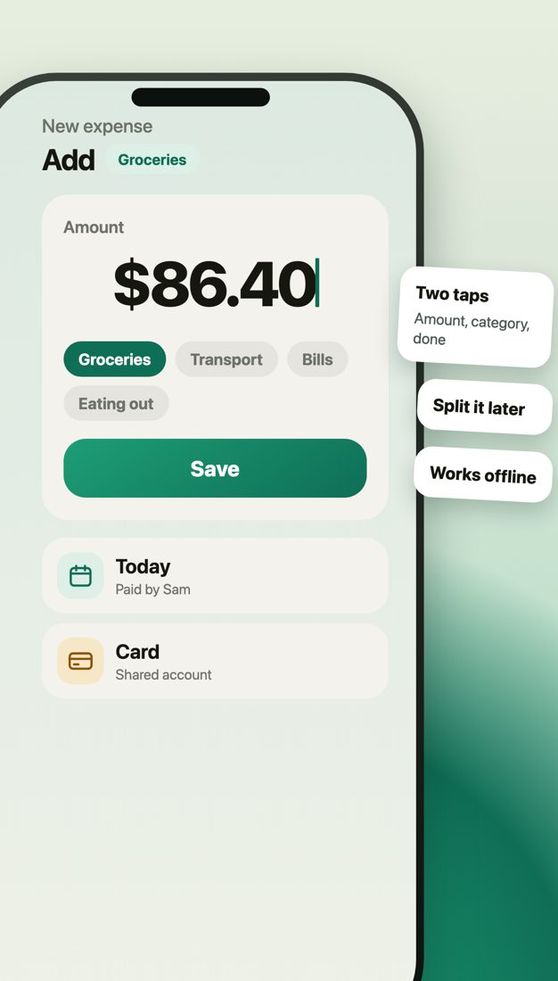Spendy new expense screen with an amount of $86.40 entered, category chips with Groceries selected, and a Save button