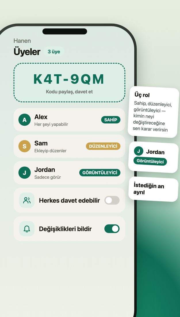 Spendy hane ekranı: paylaşılabilir davet kodu ve Sahip, Düzenleyici, İzleyici rolleriyle listelenen üç üye
