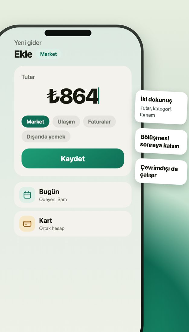 Spendy yeni harcama ekranı: girilmiş 864 ₺ tutar, seçili Market etiketi ve Kaydet düğmesi