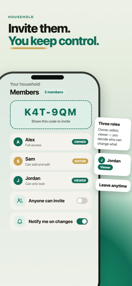 Spendy household screen listing three members with Owner, Editor and Viewer roles and an invite code to share