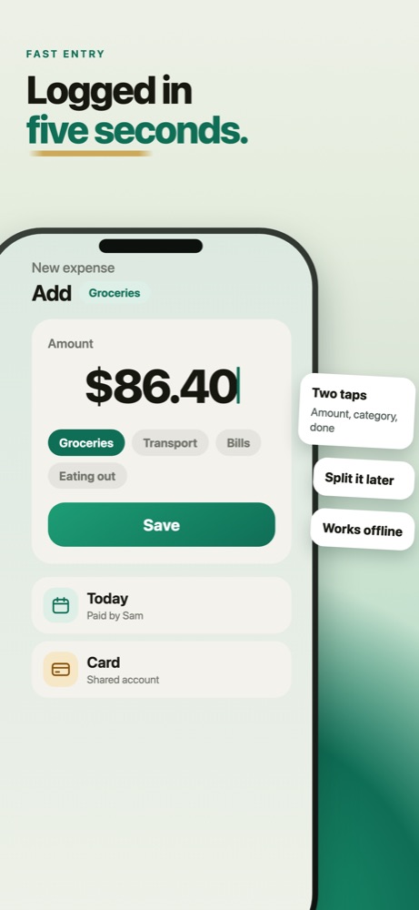 Spendy new expense screen with an amount of $86.40 entered, a row of category chips with Groceries selected, and a Save button