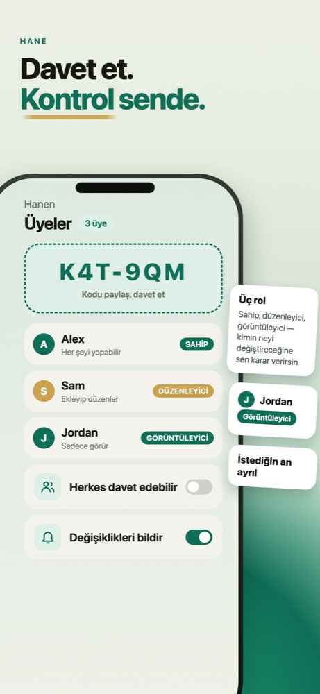 Spendy hane ekranı: paylaşılabilir davet kodu ve Sahip, Düzenleyici, İzleyici rolleriyle listelenen üç üye