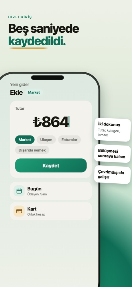 Spendy yeni harcama ekranı: girilmiş 86,40 ₺ tutar, seçili Market etiketi ve Kaydet düğmesi